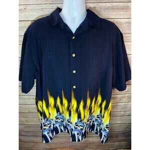 SIDEOUT Men's XL Button Shirt Skulls Snakes Flames Blue Black Polyester Vintage